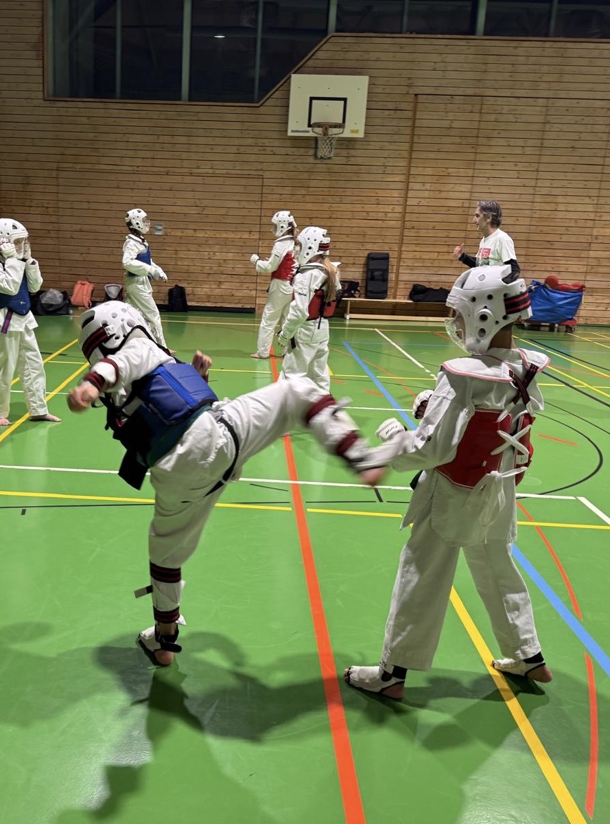 Kinder beim Taekwondo-Zweikampf im Training