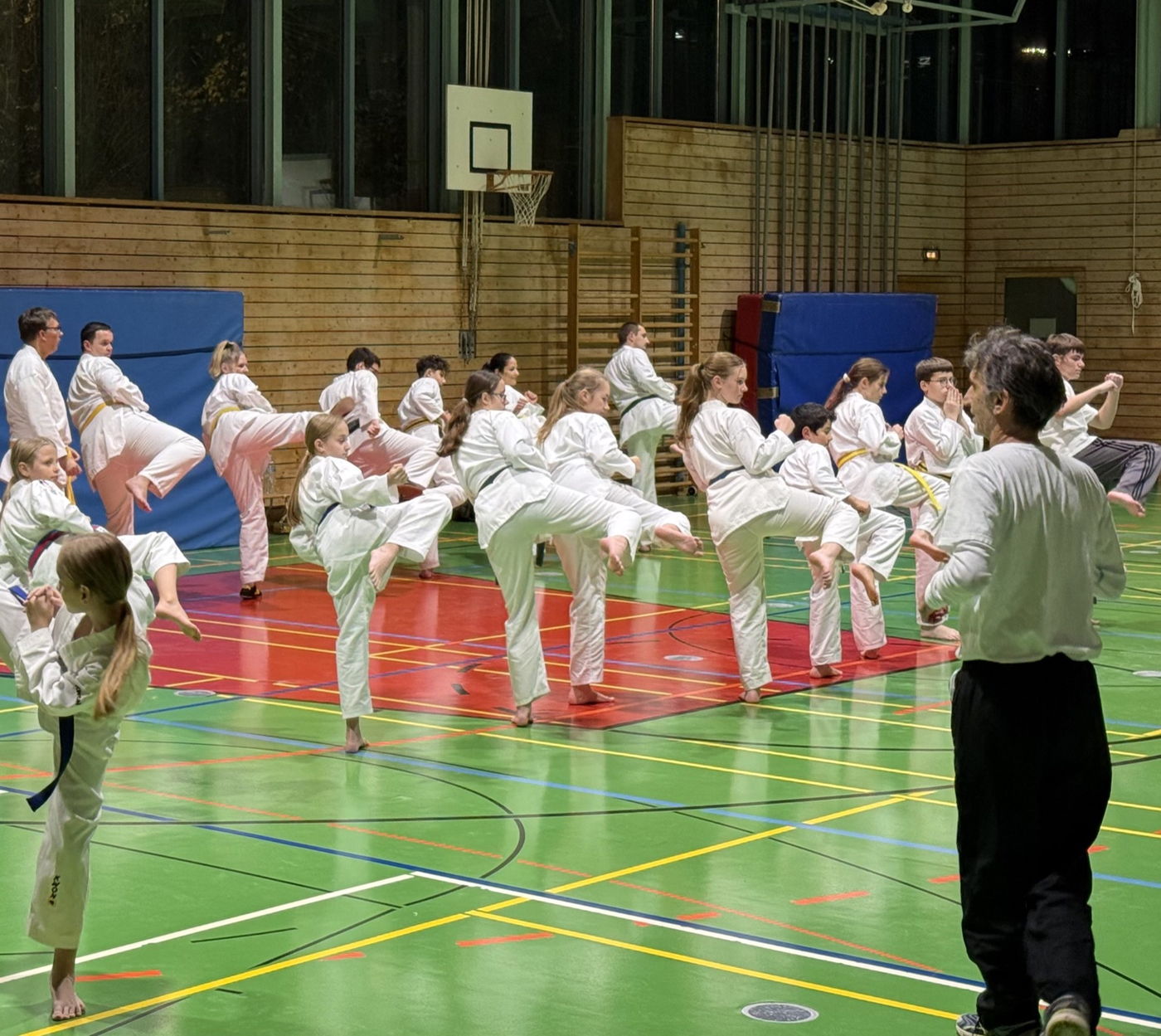 Taekwondo-Gruppe beim gemeinsamen Training in der Sporthalle