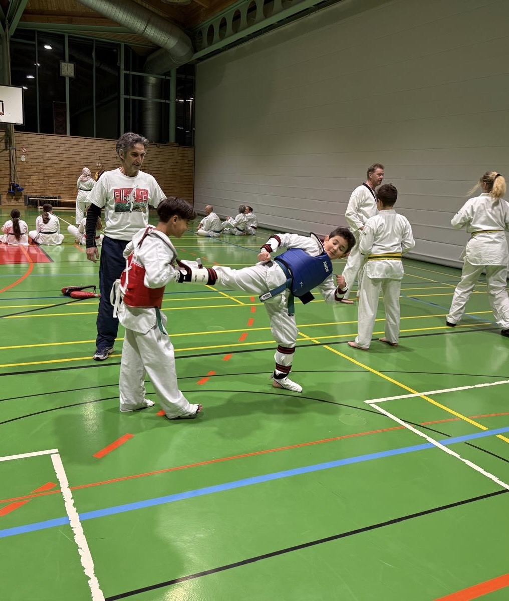 Zwei Taekwondo-Sportler beim Partnertraining in der Sporthalle